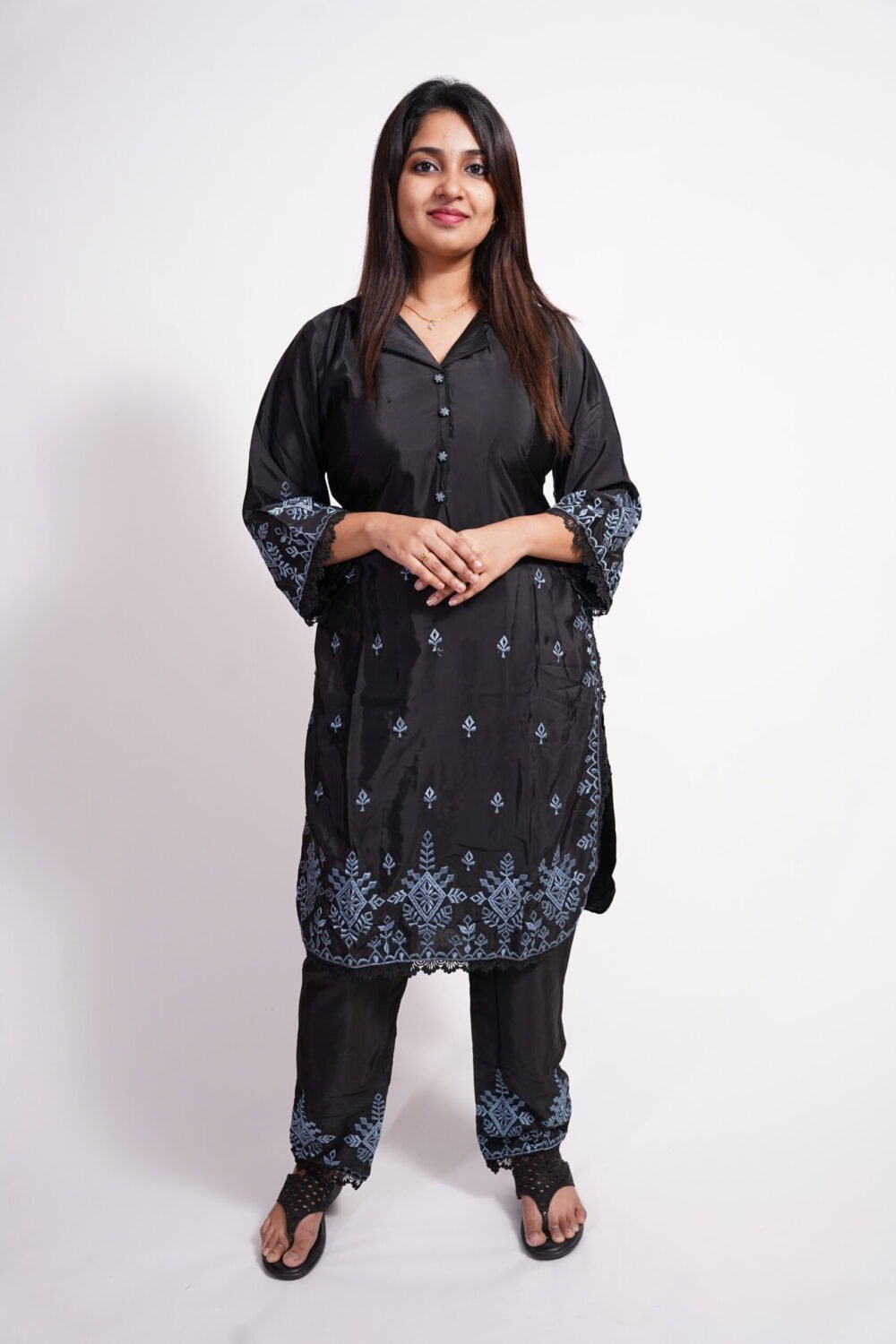 Black Silk Blend Kurti Co-ord Set- Straight Pose
