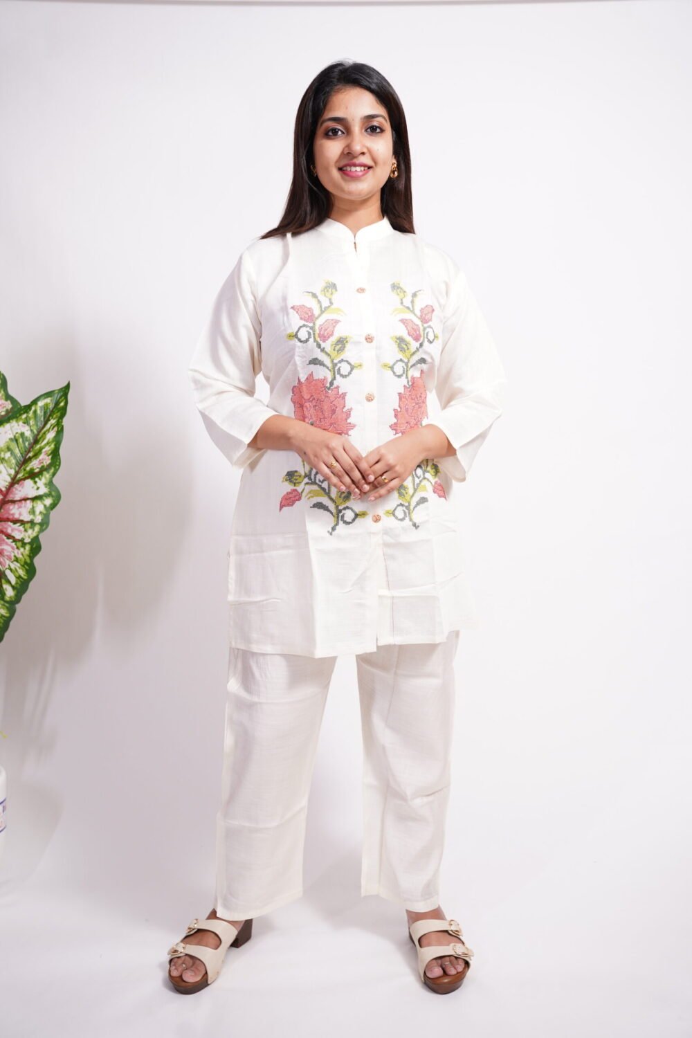 White Silk Blend Co-ord Set- Straight pose