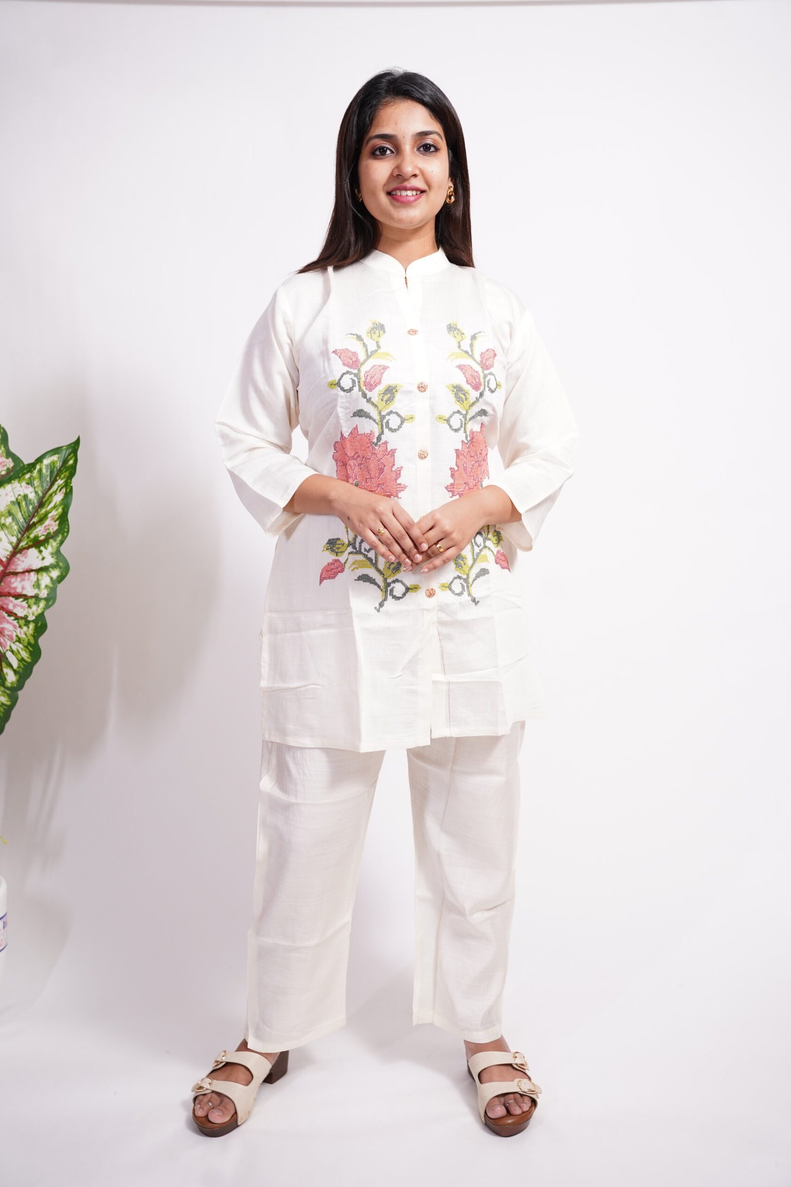 White Silk Blend Co-ord Set- Straight pose