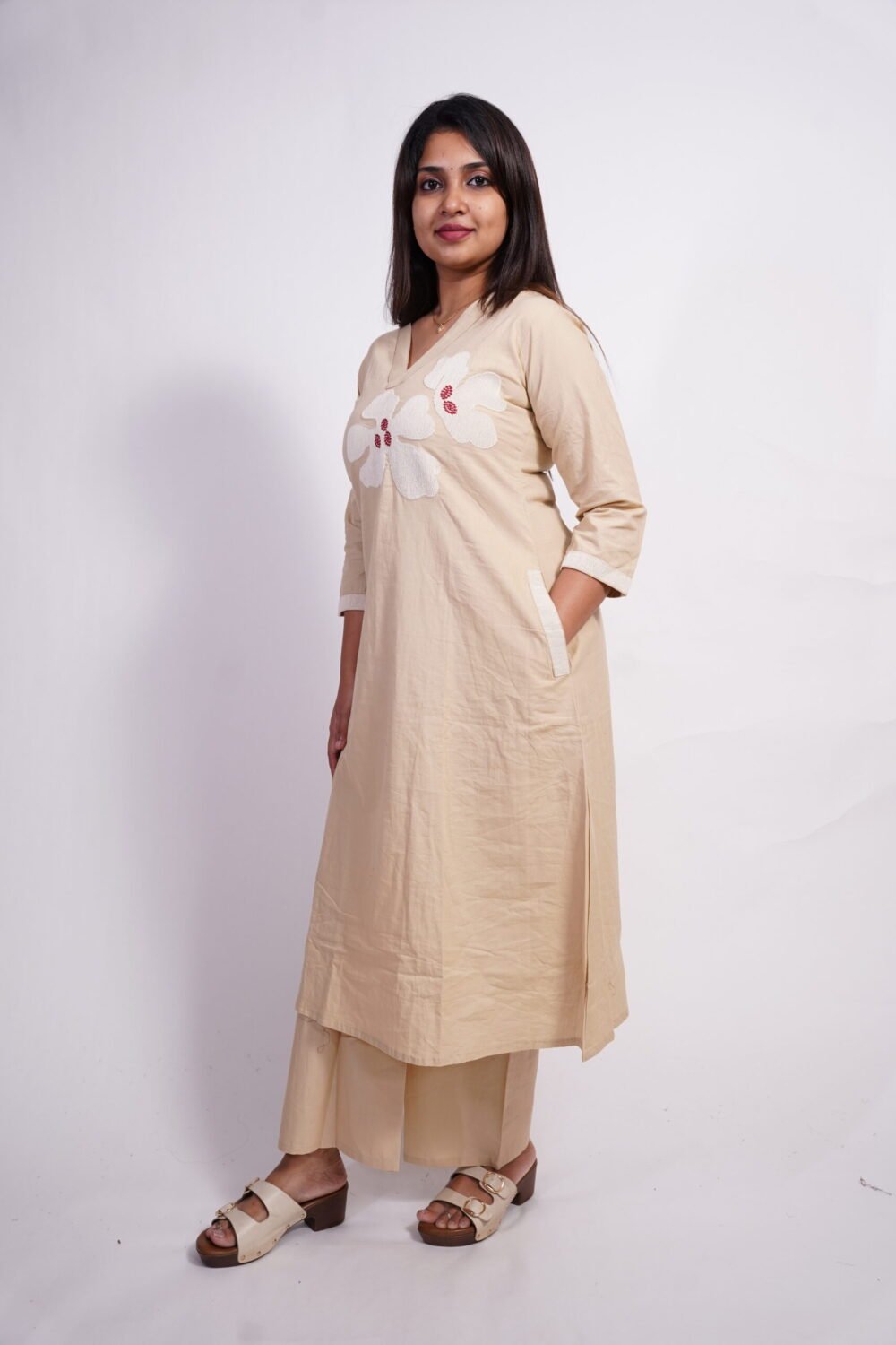 Beige A-Line Floral Kurti Set
