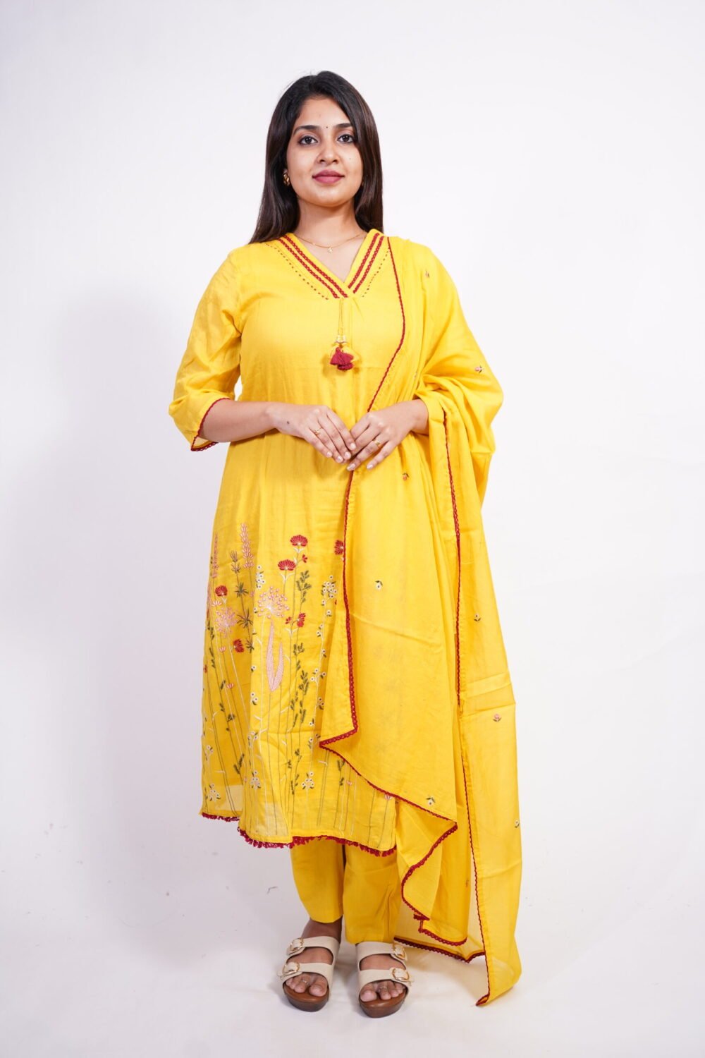 Yellow V-Neck Kurti Set