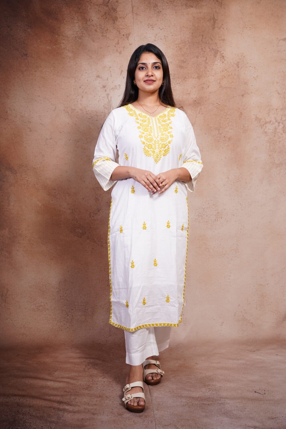 White Cotton Kurti with Green Thread Work