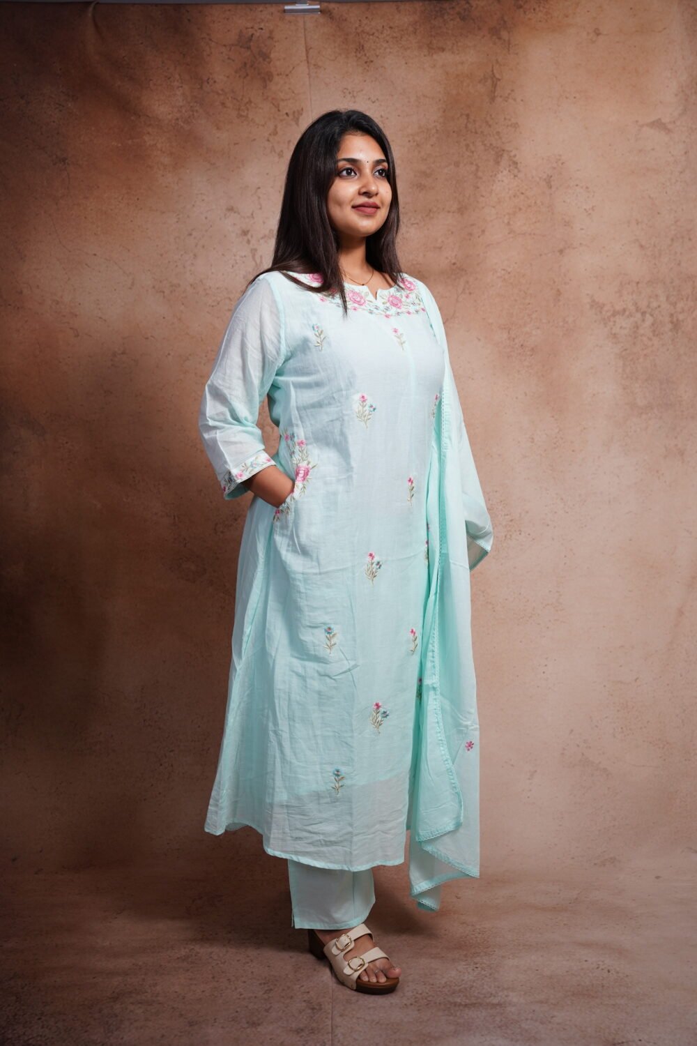 Cyan Blue Mul Cotton Kurti with Dupatta