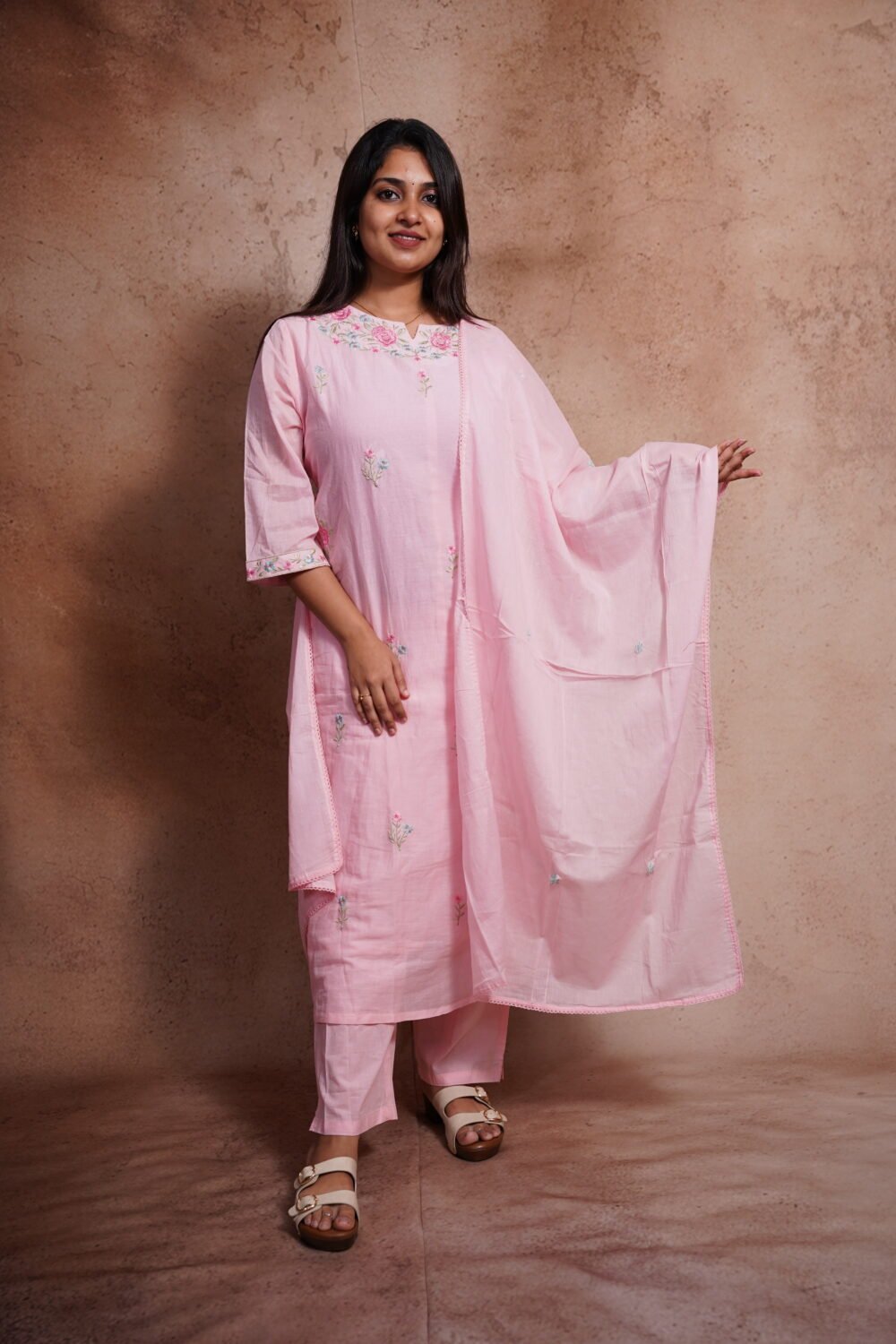 Baby Pink Mul Cotton Kurti Set