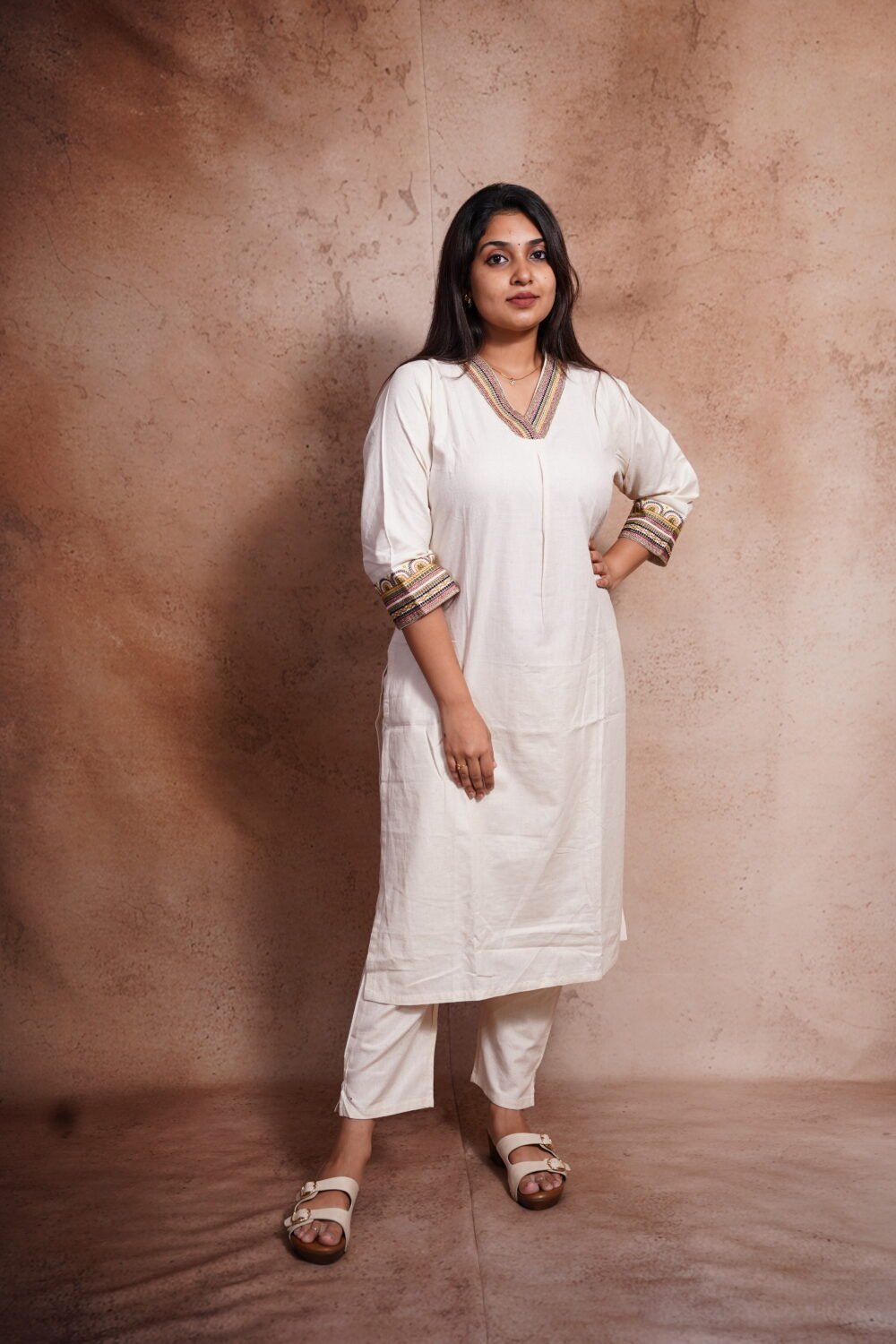 Off White V-Neck Embroidered Cotton Kurti- Straight Pose