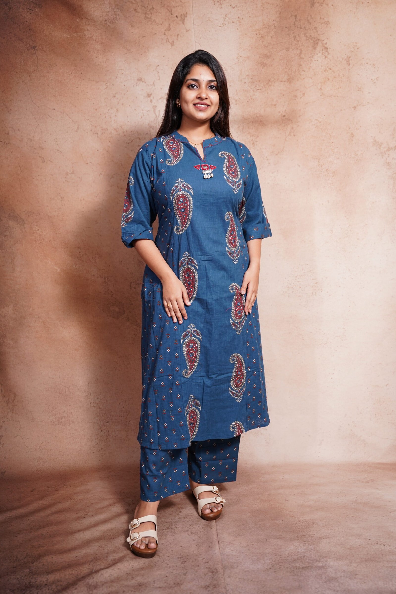 Teal Blue Printed Soft Cotton Kurti-Straight pose 2