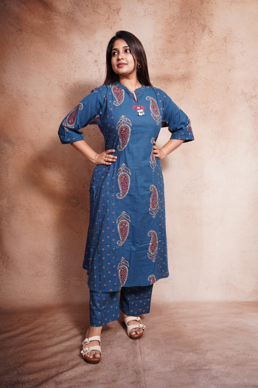 Teal Blue Printed Soft Cotton Kurti-Straight pose