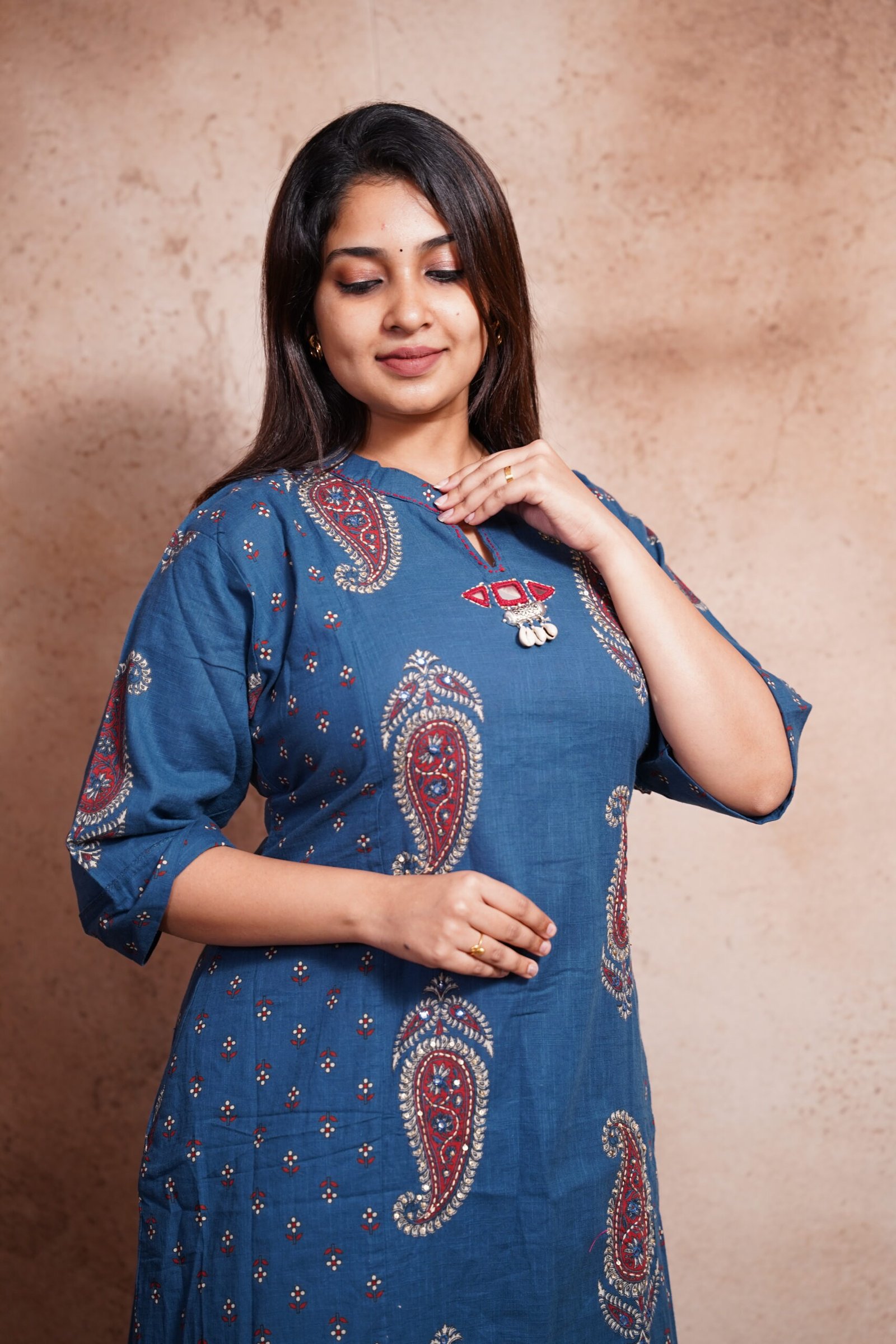 Teal Blue Printed Soft Cotton Kurti-Left pose