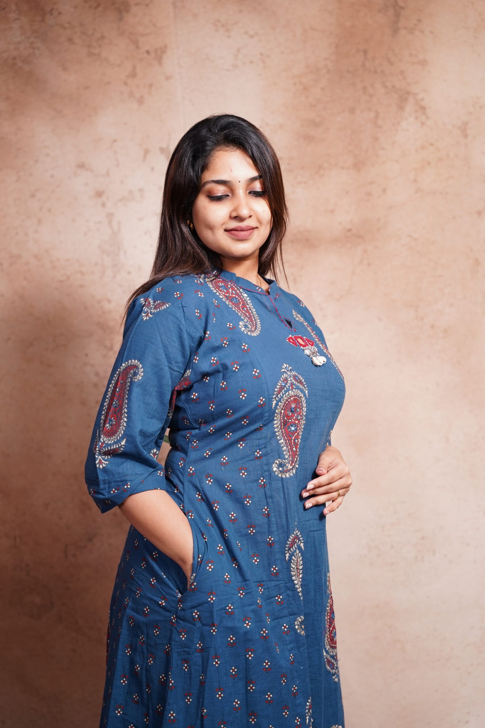 Teal Blue Printed Soft Cotton Kurti-Left pose 2