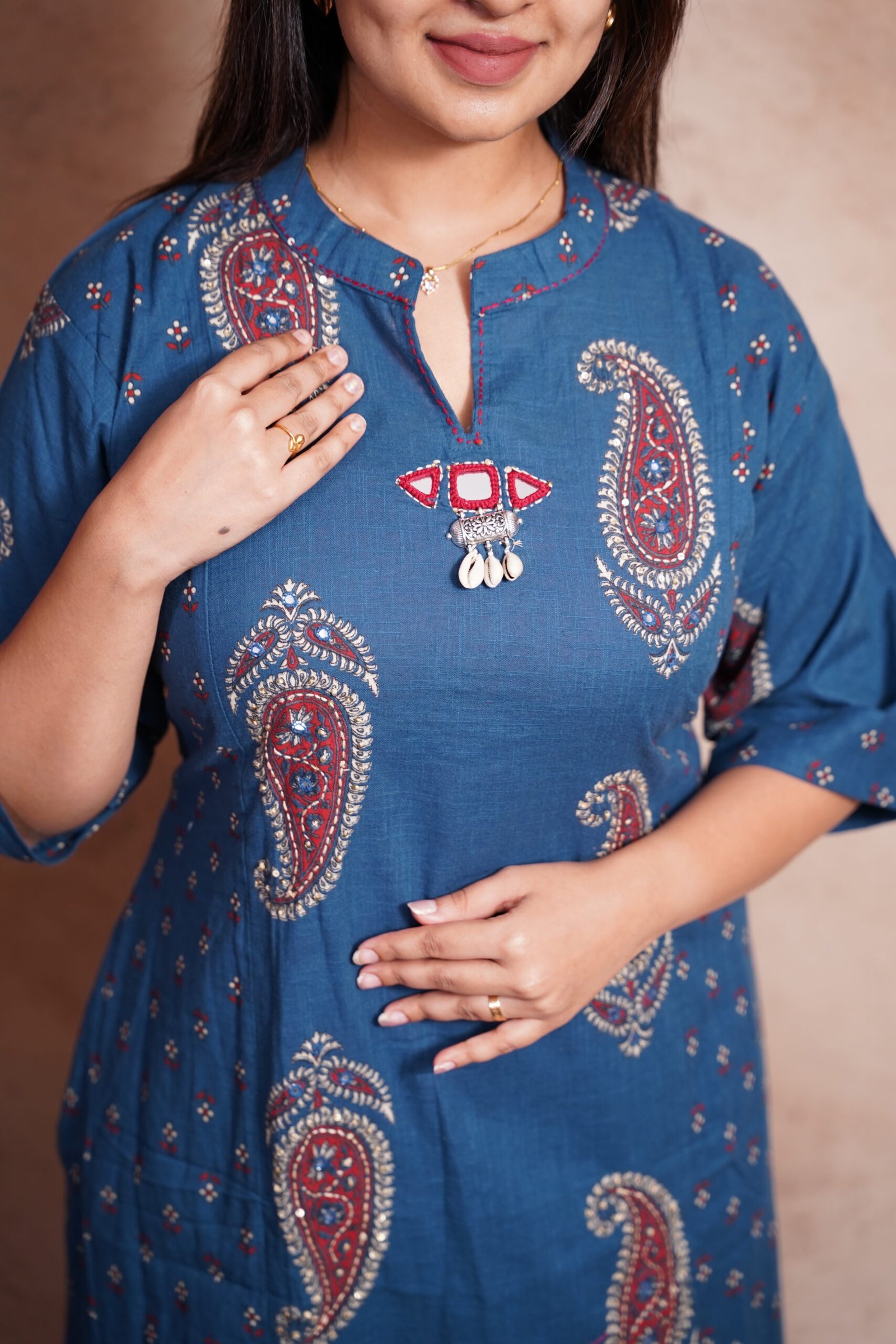 Teal Blue Printed Soft Cotton Kurti-Print Pose