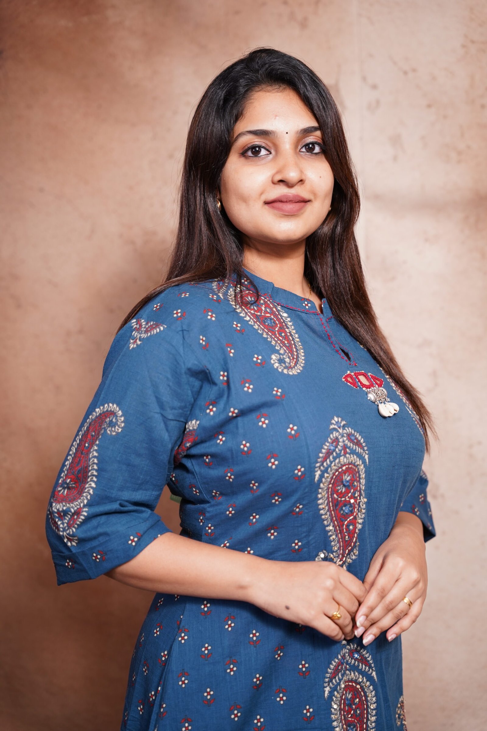 Teal Blue Printed Soft Cotton Kurti-Right Pose