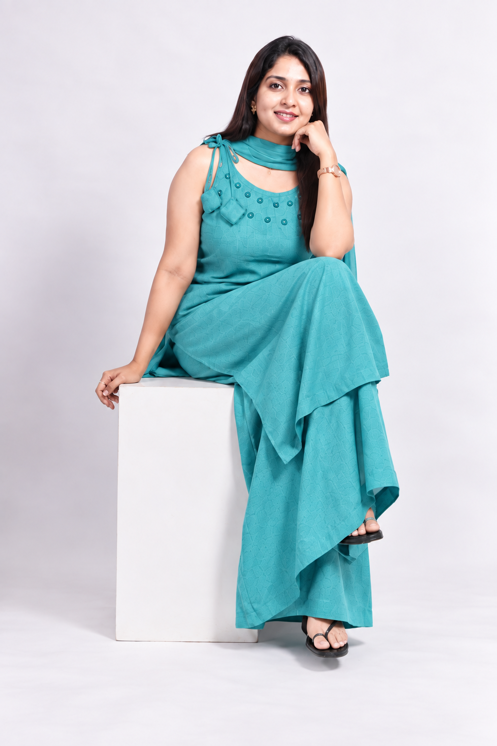 Stunning Steel Blue Mirror work Indo-Western set with Dupatta - Image 6