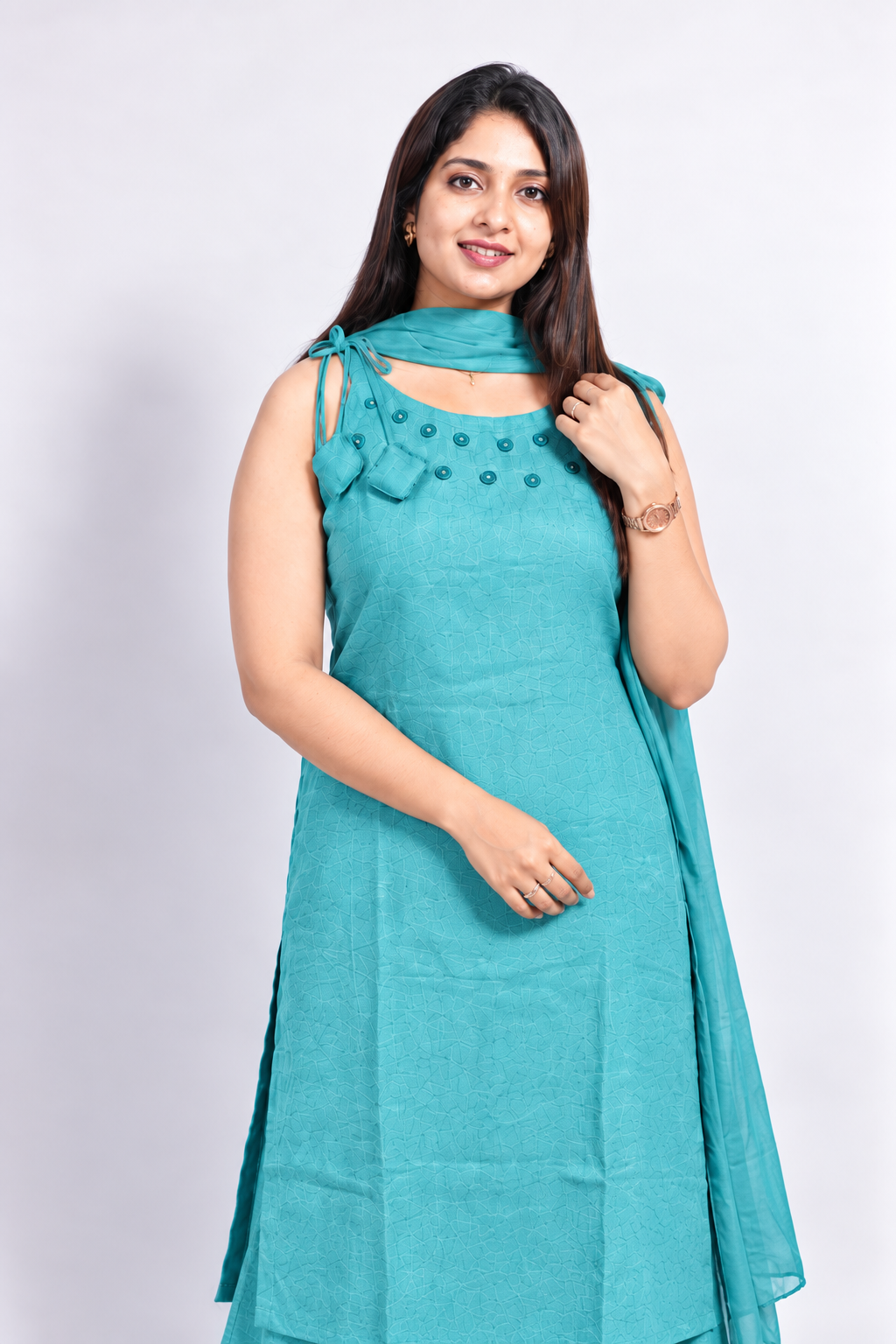 Stunning Steel Blue Mirror work Indo-Western set with Dupatta - Image 5