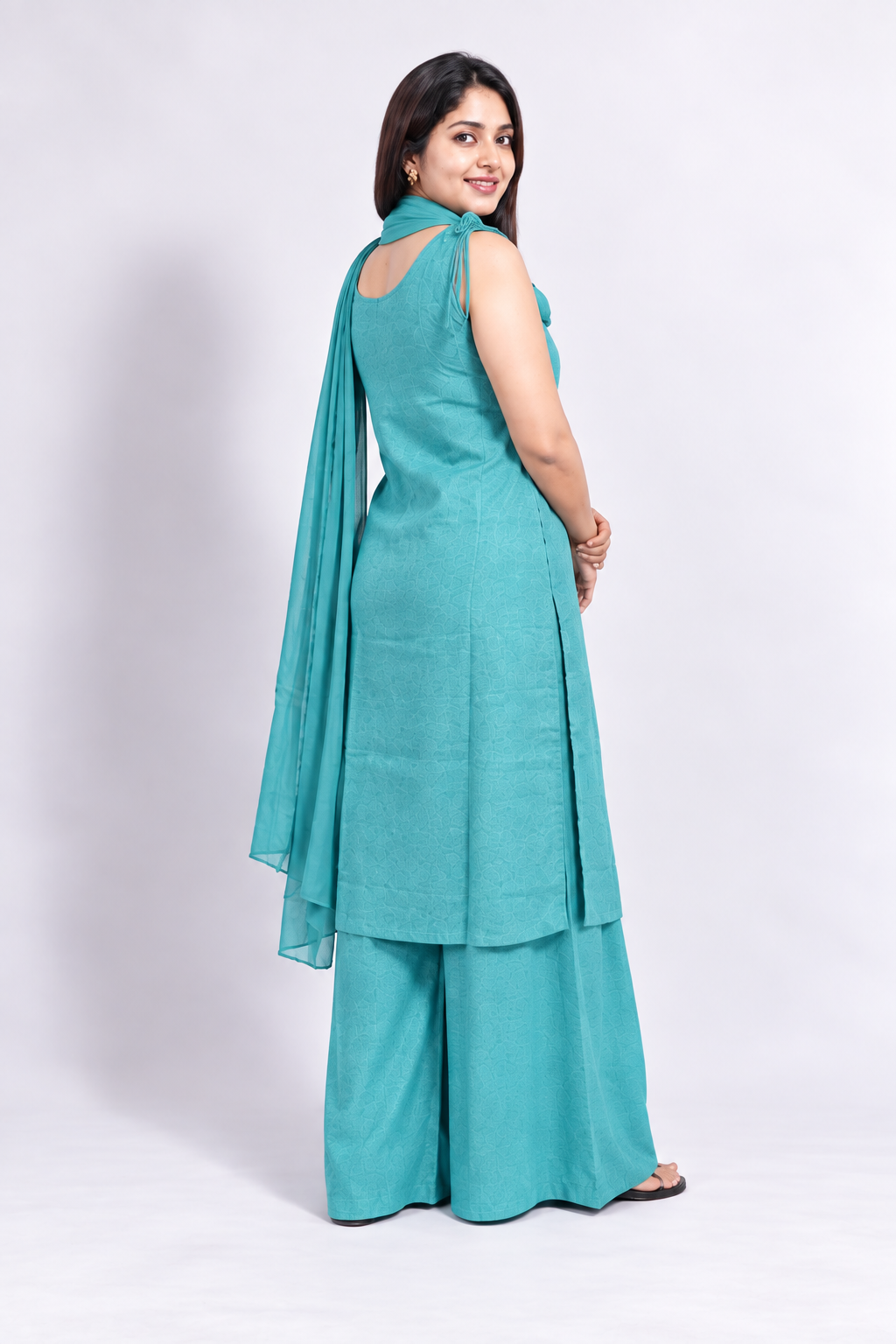 Stunning Steel Blue Mirror work Indo-Western set with Dupatta - Image 4