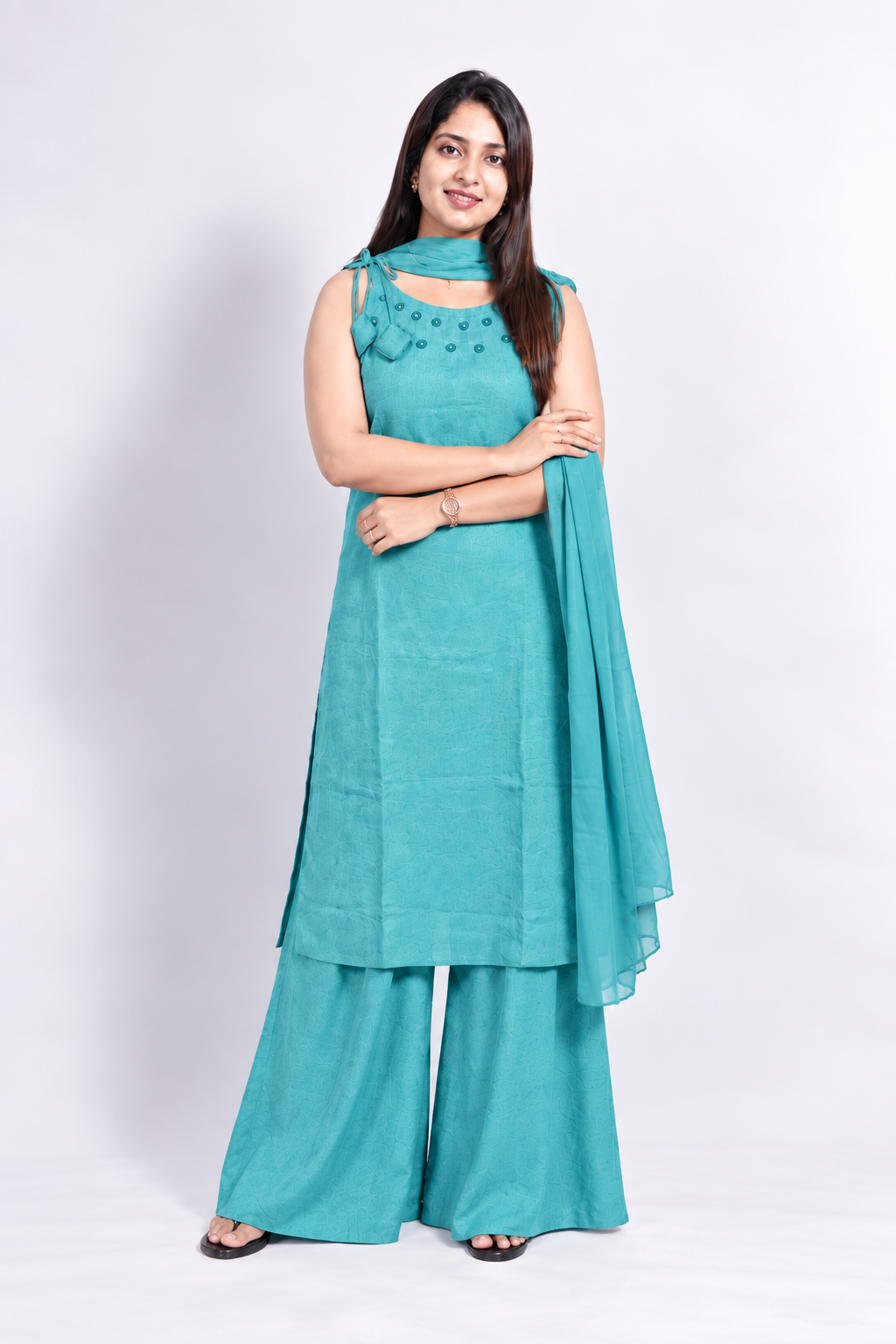 Stunning Steel Blue Mirror work Indo-Western set with Dupatta - Image 3