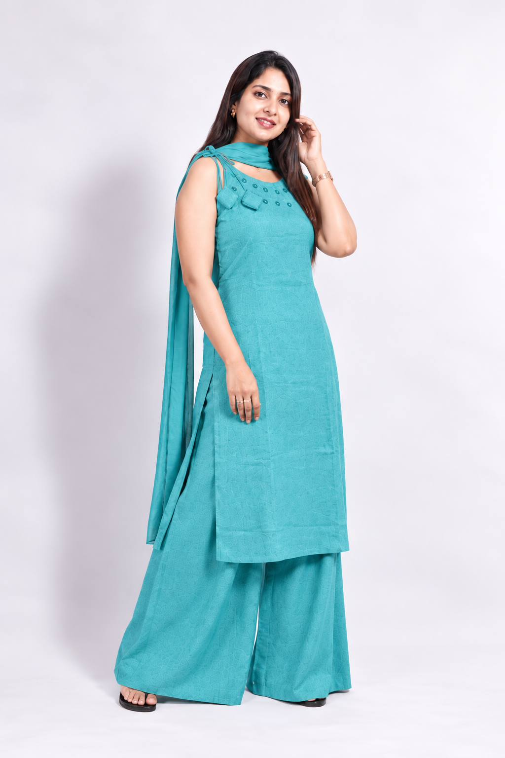 Stunning Steel Blue Mirror work Indo-Western set with Dupatta - Image 2