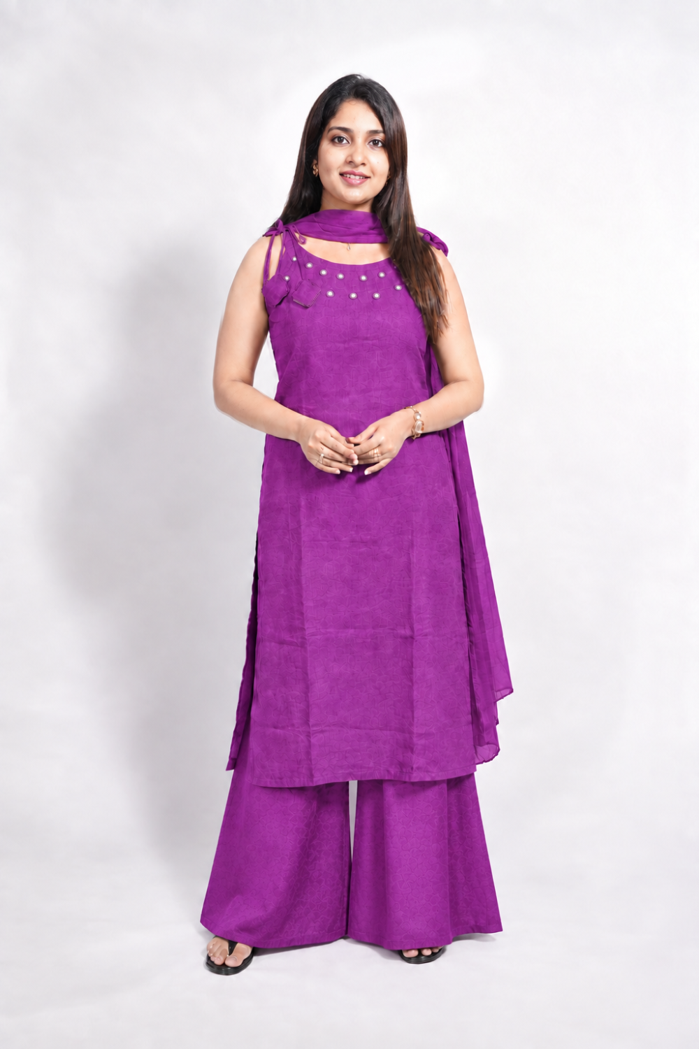 Stunning Purple Mirror Work Indo-Western Set with Dupatta
